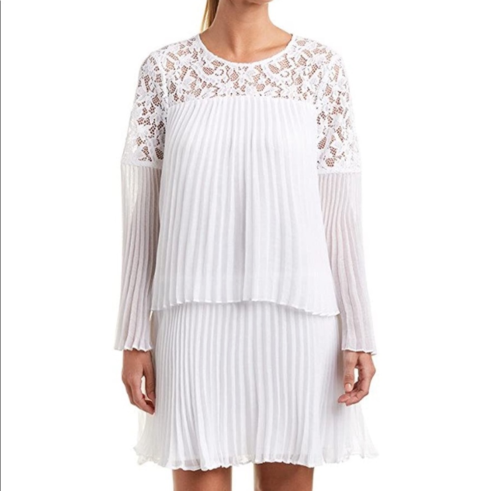 BCBG White Pleated Dress With Lace